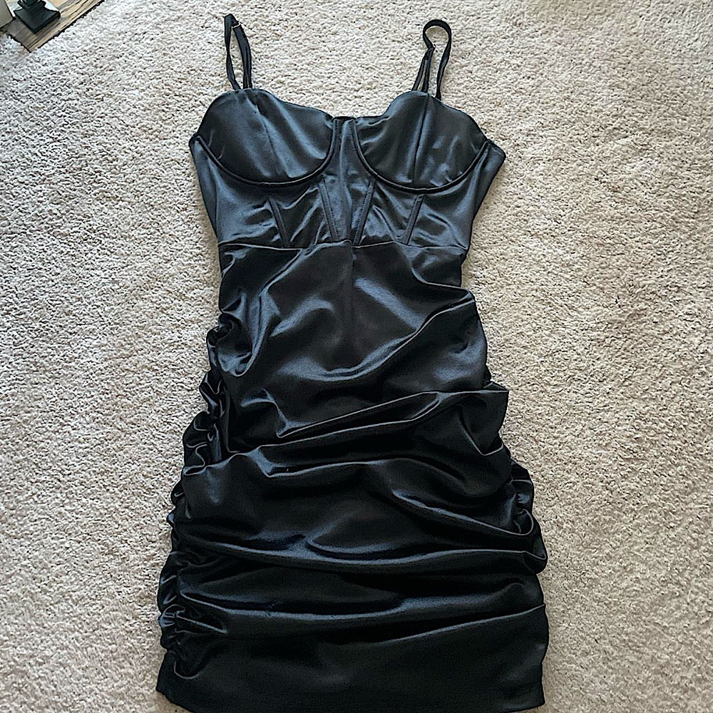 Black Satin Ruched Dress